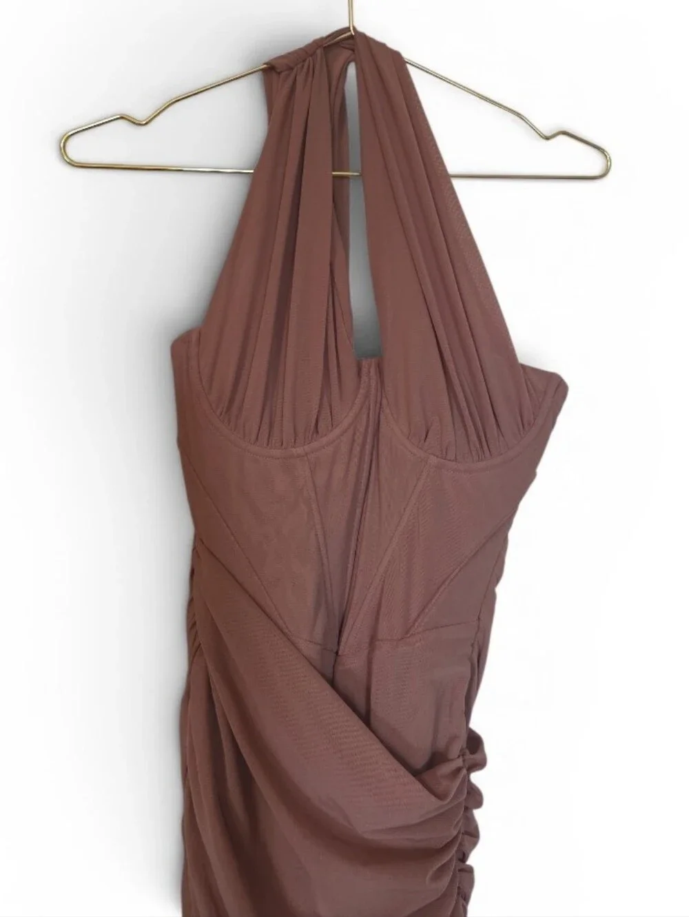 New Without Tags House of CB Valentina Mocha Assymetric Cutout Ruched MidiDress